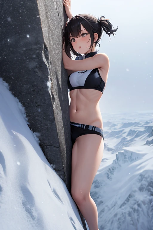 Beautiful girl with healthy body,free climbing,midriff,bikini,strong snow storm,strong snowy day,flying snowflakes as background,climbing snow peak,crawling on a vertical cliff,high altitude,high height,precise face