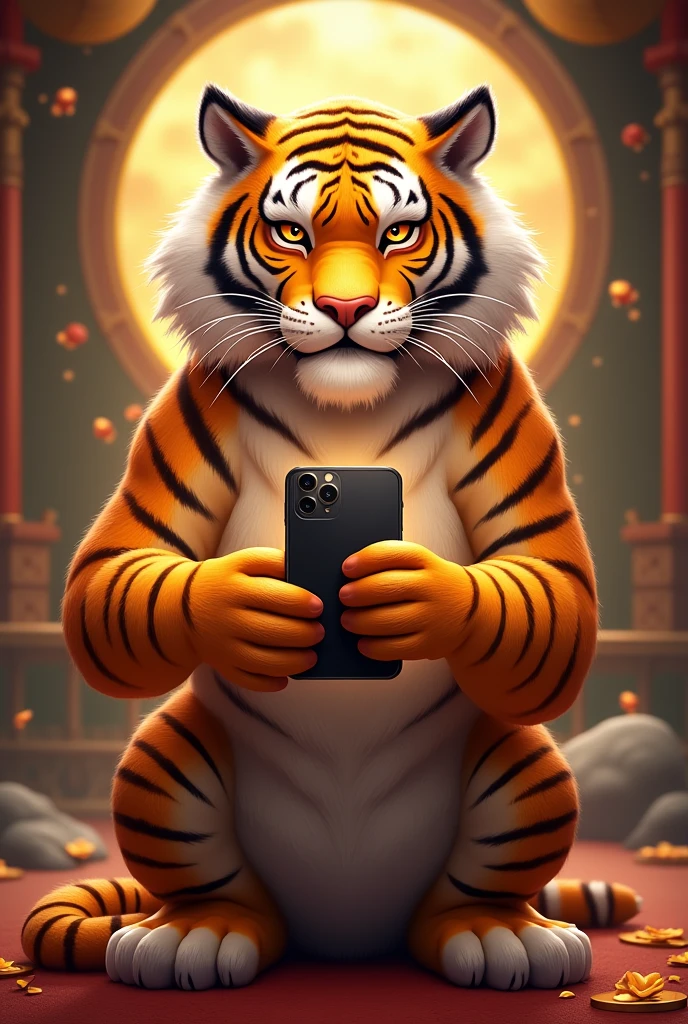 Fortune tiger slot game character holding a phone