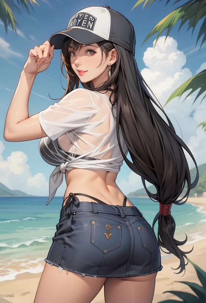 perfect eyes:1.2, detailed eyes:1.4, smile, lifeTifa, red eyes, low-tied long hair, baseball cap, earrings, see-through, wet t-shirt, black bikini, front-tie top, midriff, grey skirt, cowboy shot, 1girl, solo, (masterpiece:1.6, best quality), 8k, insane details, intricate details, hyperdetailed, hyper quality, high detail, ultra detailed, professional, HDR, ray tracing reflection, cinematic lighting,