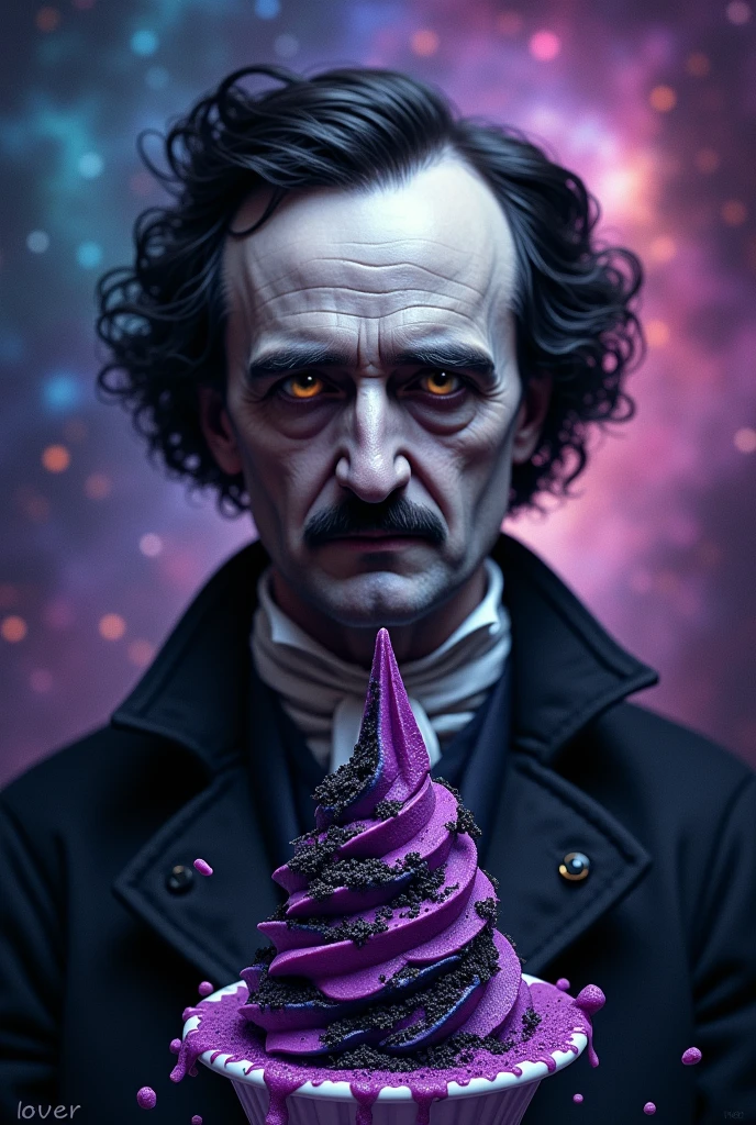 Design a photorealistic dark art image of writer Edgar Allan with a purple and black ice cream, in the background the universe of colors, and that at the bottom it shows the name "lover"
