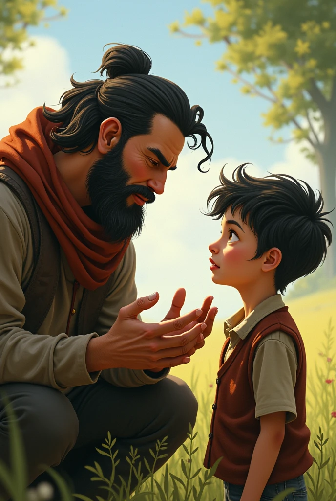 A man with black hair and beard and boy talking