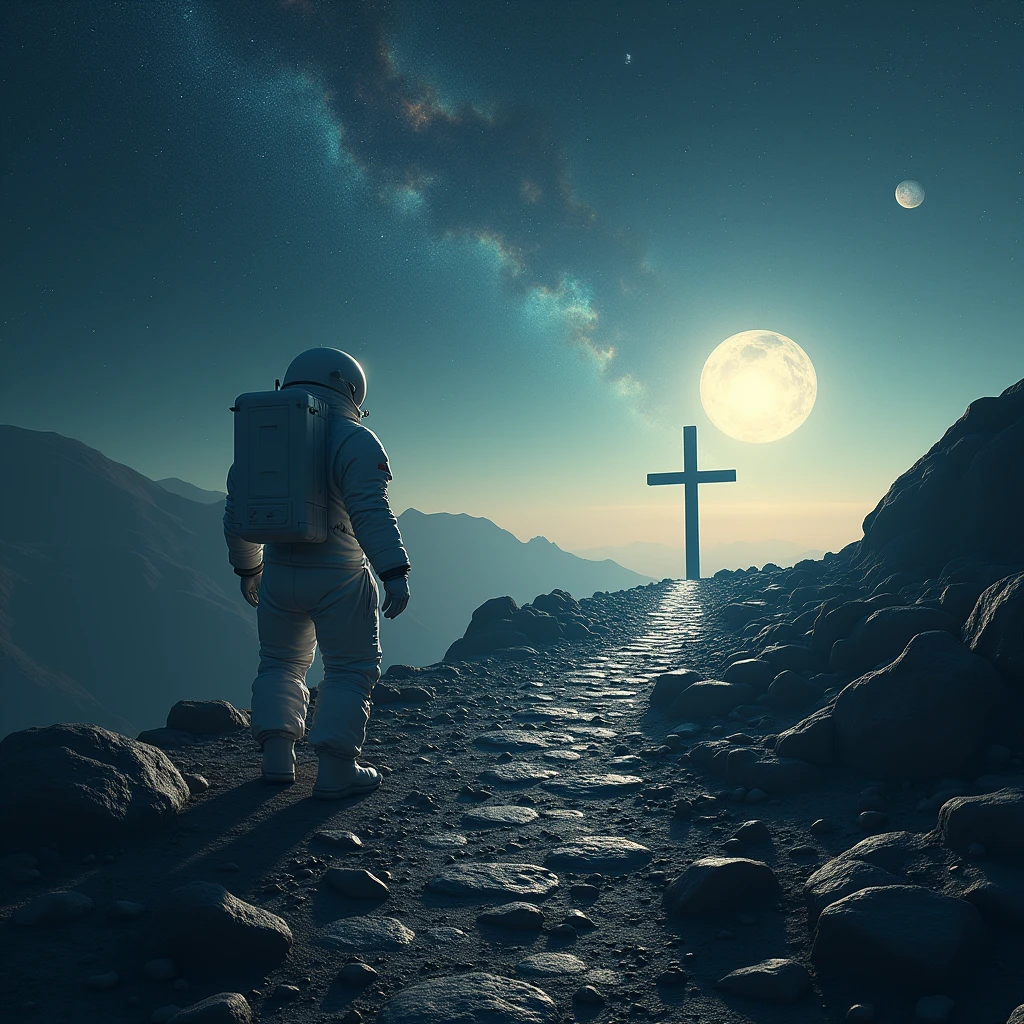 in outer space, stars , galaxies , planets , a rocky path with thorns and at the end of the path a cross , an astronaut
