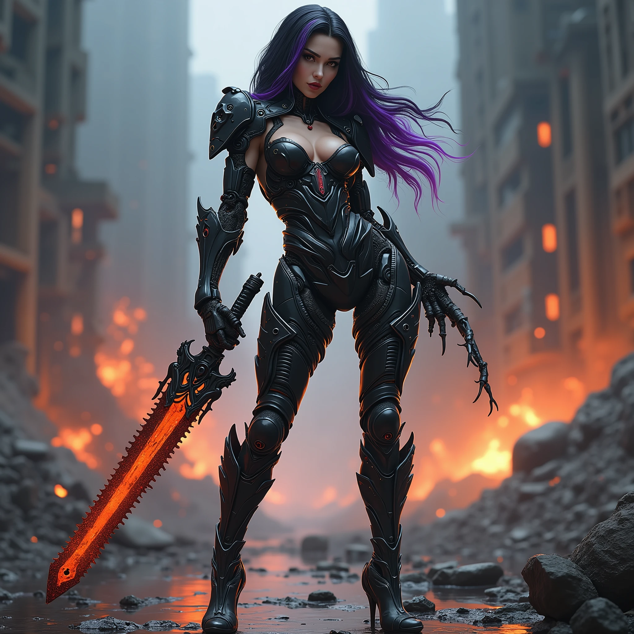 full body pose, wearing a mechanical suit, high heel boots,Mechanical wonder, Cyberpunk, Cybernetic Guardian, futuristic black armor, full body, front pose, symmetry, intricate (steel metal [rust]), joints, warframe style, cyborg, Most beautiful female body and revealing armor, large breast, seductive, temptation, eat your soul, cleavage, covered in blood, long flowing black hair with purple highlights, heavy gothic makeup, at night, blood puddles on the ground, wartorn ruins, stiletto heels, Holding a futuristic glowing Chainsaw sword, full body action pose, full body combat pose, full war around her, explosions and fire 