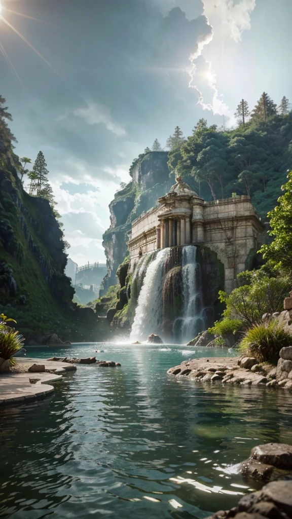((best quality)), ((masterpiece)), (detailed), perfect there is a pool with a waterfall in the middle of it, concept art inspired by Jens Ferdinand Willumsen, polycount contest winner, massurrealism, a pool inside the giant palace, unreal engine. retro film still, submerged temple ritual scene, water temple, brutalist waterfall environment, underwater temple, submerged temple scene, an eerie whirlpool with a water slide. Add rain effect. Add nostalgic filters and film grain. Hollywood style. 8k Render. Breathtaking, the mood is relaxed and inviting. Add solar flares. Add luxury touches to the image. Premium quality.