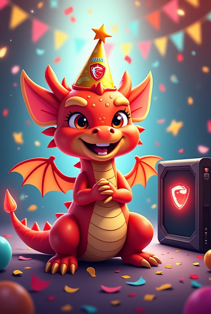Create an anniversary card featuring MSI Lucky dragon and MSI PC