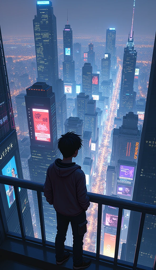 anime cyberpunk theme teenage boy looking at the city from a balcony of a tallest among all the skyscrapers overlooking a city(wide angle view)(glowing effect)(straight angle view), makoto shinkai cyril rolando, makoto shinkai. —h 2160, style of afrofuturism aerial view,, ( ( makoto shinkai ) ), makoto shinkai. digital render, makoto shinkai!, beautiful anime scene A cyberpunk city street scene with full of neon lights, and futuristic buildings,The atmosphere is vibrant and bustling with people in high-tech attire, high resolution, captured in crisp detail, The background features a neon-lit cityscape, giving the cyberpunk atmosphere a touch of intimacy and tenderness, eye-level camera angle --s 250 --v 6.0 --no 3D effect, photorealistic.Hawaii, gta vice style , illustration , reteo comic illustration


