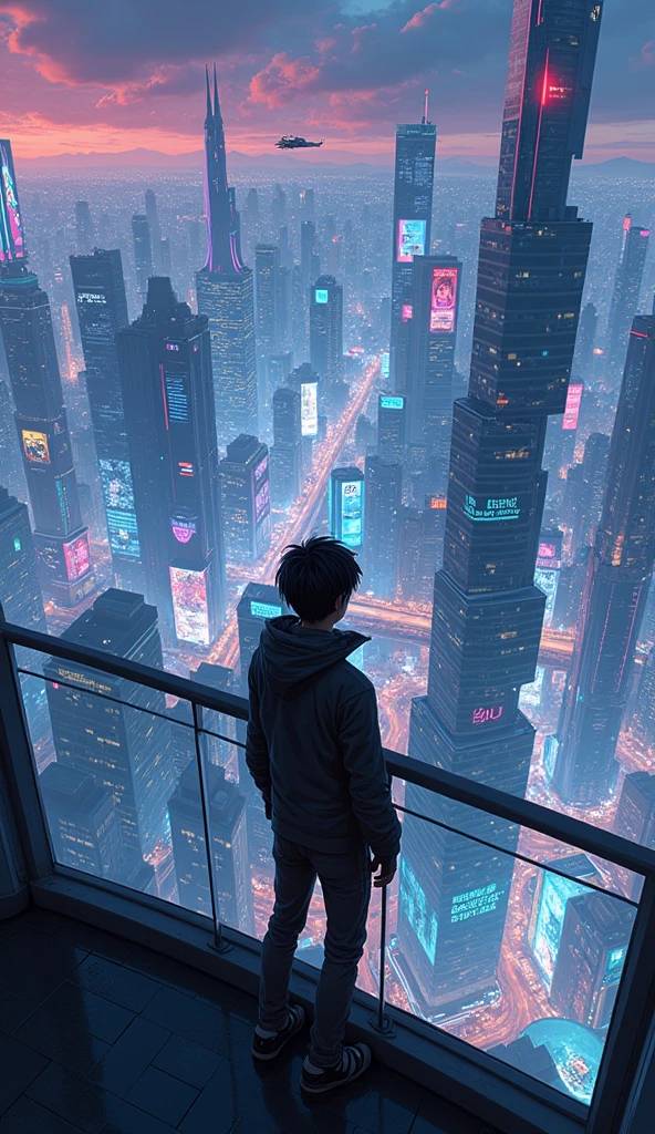 anime cyberpunk theme teenage boy looking at the city from a balcony of a tallest among all the skyscrapers overlooking a city(wide angle view)(glowing effect)(straight angle view), makoto shinkai cyril rolando, makoto shinkai. —h 2160, style of afrofuturism aerial view,, ( ( makoto shinkai ) ), makoto shinkai. digital render, makoto shinkai!, beautiful anime scene A cyberpunk city street scene with full of neon lights, and futuristic buildings,The atmosphere is vibrant and bustling with people in high-tech attire, high resolution, captured in crisp detail, The background features a neon-lit cityscape, giving the cyberpunk atmosphere a touch of intimacy and tenderness, eye-level camera angle --s 250 --v 6.0 --no 3D effect, photorealistic.Hawaii, gta vice style , illustration , reteo comic illustration


