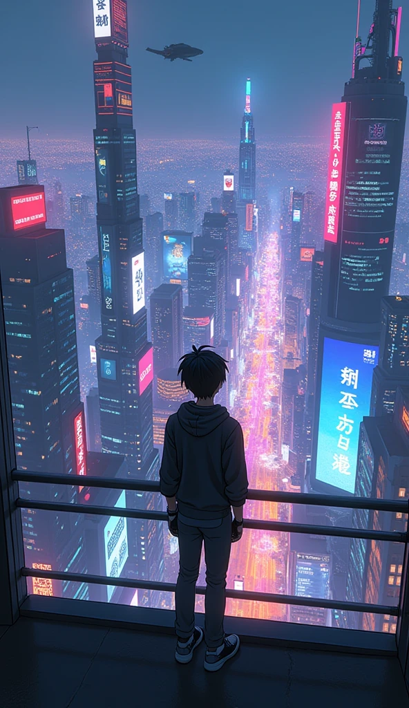 anime cyberpunk theme teenage boy looking at the city from a balcony of a tallest among all the skyscrapers overlooking a city(wide angle view)(glowing effect)(straight angle view), makoto shinkai cyril rolando, makoto shinkai. —h 2160, style of afrofuturism aerial view,, ( ( makoto shinkai ) ), makoto shinkai. digital render, makoto shinkai!, beautiful anime scene A cyberpunk city street scene with full of neon lights, and futuristic buildings,The atmosphere is vibrant and bustling with people in high-tech attire, high resolution, captured in crisp detail, The background features a neon-lit cityscape, giving the cyberpunk atmosphere a touch of intimacy and tenderness, eye-level camera angle --s 250 --v 6.0 --no 3D effect, photorealistic.Hawaii, gta vice style , illustration , reteo comic illustration


