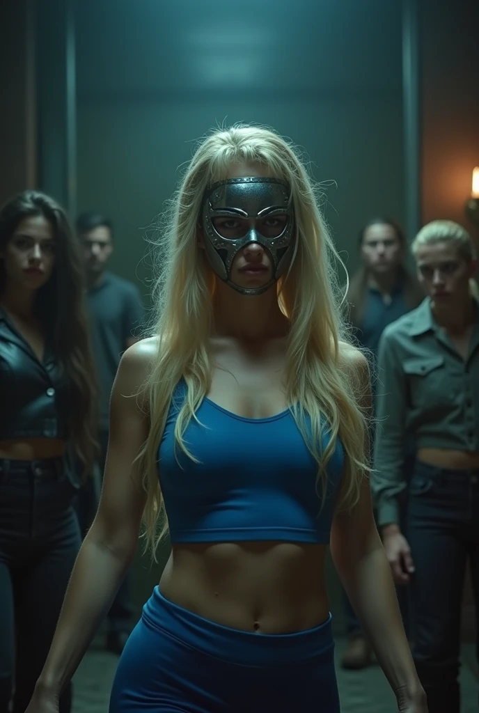 Long haired blonde woman wearing blue crop top and skirt is mind controlled through a mind control mask and fights her friend on orders from her controller