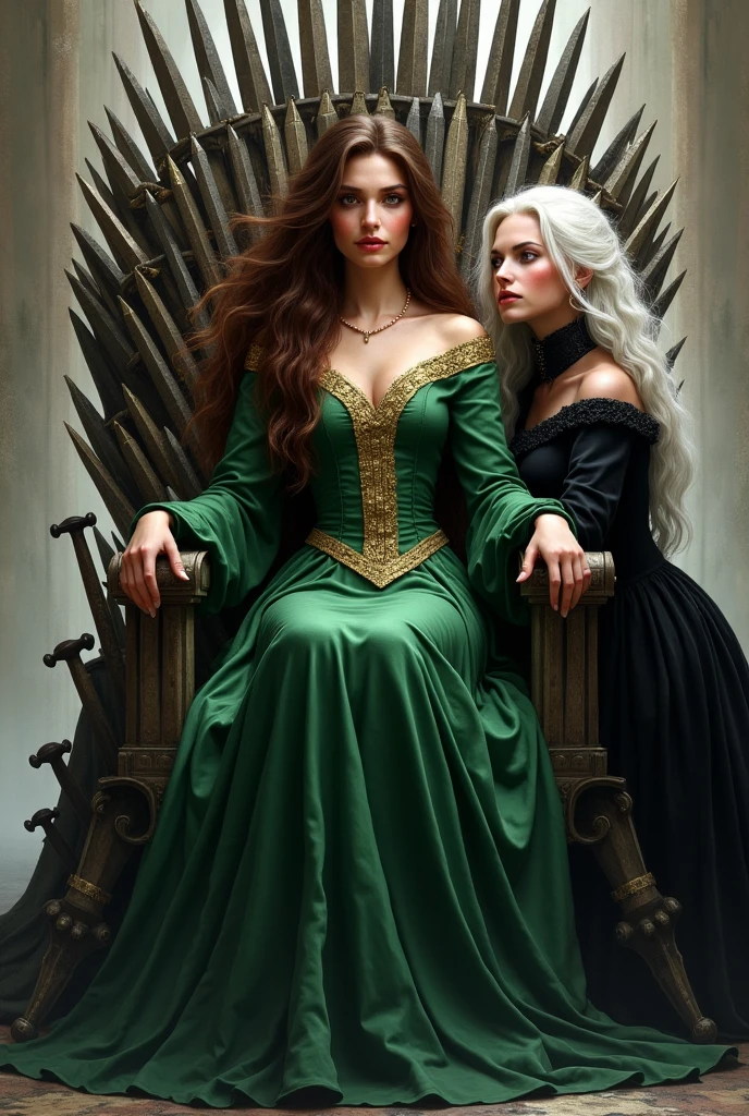 make a picture of a woman with brown hair and brown eyes wearing a green medieval dress with gold details sitting on a throne made of swords and with several swords next to the throne made of sword with a woman in a black medieval dress and white hair leaning