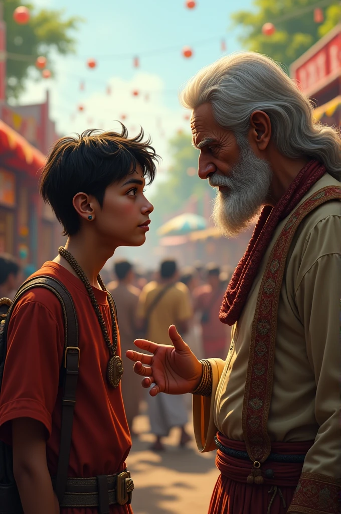 Image Description: An elderly man looking sternly at Rajoo, who looks guilty and ashamed. The background shows the fair with people enjoying but Rajoo feels isolated.