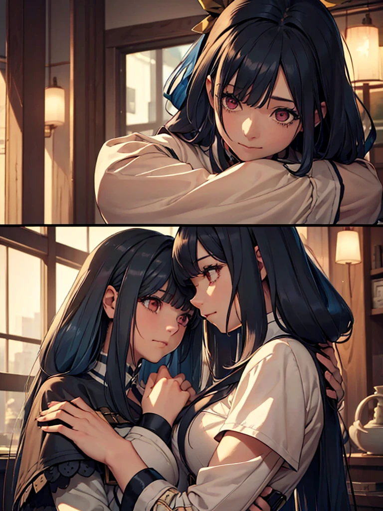 (​masterpiece、top-quality、hight resolution、Unity 8k、extremely details CG:1,Best Picture), ggdizzy, hair ribbon, Two women, locked in a tight embrace, with dark, hollow smiles. They are comforting each other in a dimly lit room, their expressions showing the pain of shared defeat. The atmosphere is somber and heavy, with a sense of mutual dependency. Both women have a defeated look, as if they are licking each other’s wounds in a bond formed by mutual failure, with no sexual undertones.