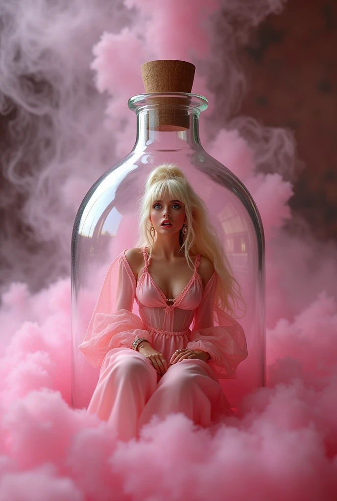 Tiny miniature beautiful realistic very frightened struggling young Barbara Eden is sitting barefoot on a silk pillow enveloped in thick swirling pink smoke and trapped inside a giant clear glass genie bottle, wearing loose hanging transparent soft pink chiffon cropped top with very low hipped very very oversized transparent soft pink chiffon harem pants elastic gathered at the ankles and hips, veil attached behind each ear and hanging under chin,  extremely long disheveled messy blonde hair with a sloppy extremely long ponytail, narrow shoulders, small breasts, aggressively arched back, bubble butt, full hips, sexy soft slightly rounded lower belly, proportionate average-length legs, compact build, a little more to love body type, perfect dainty narrow feet, large eyes open very wide in terror, thick mascara, soft pink full pouting lips, hoop earrings, slave bands, several rings on various fingers, accurate anatomy, full body, djinnification