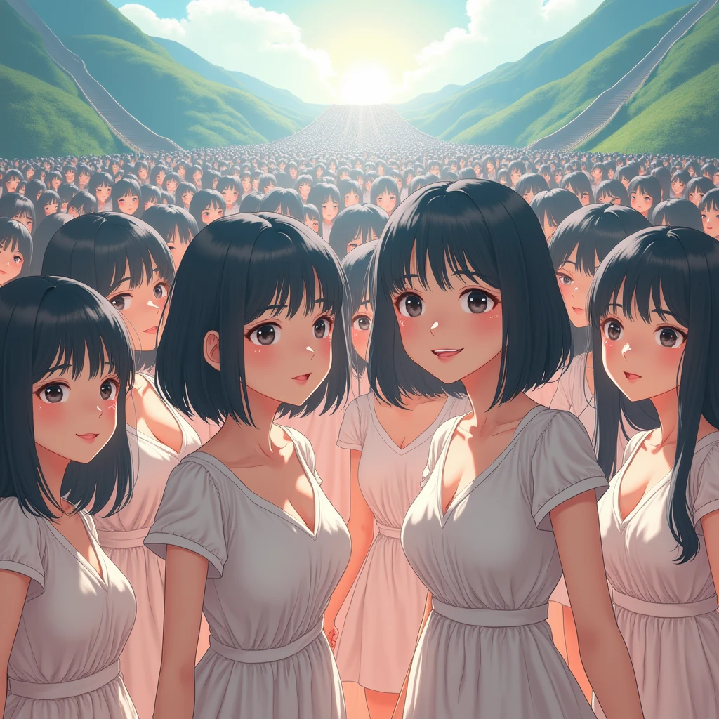 (((((Japanese Clone girls=Myself)))))), (((Best Super High quality Myself Clone girls Raw Photography Art))), (16K, Highest quality, Ultra-high resolution, RAW Photos), (((It's so unrealistic., With unparalleled depiction, With an unfathomable sight, An unprecedented and shocking worldview, Clone girls in a world of mass reproduction, Ultra-realistic))), (((Japanese, woman, 20yo, Saito-Asuka))), (Small face, ((Thick black hair, Semi-long hair))), ((V-neck short-sleeve dress)), (((((Very detailed美しい女体, Accurate body structure, Very detailed完璧な, Super busty body with very large breasts, Clearly emphasizes cleavage))))), (((Dark Eyes, Mature face, Cute Smile, A gentle gaze))), (((Her happy and smiling expression is so cute))), ((((((((Very detailed分身増殖描写, ((1girl→Myself cloning→1,000,000,000,000,000,000,000,000,000,000,000,000,000,000,000,000,000,000,000,000Myself Clone girls)))))))))), ((((((((Very detailed, The precise depiction of the proliferation of Myself Clone girls, ((With the perfectly identical bodies of Myself clone girls, With the exact same face as the Myself clone girls, With the exact same hairstyle as the Myself clone girls, In the exact same clothes as the girls who are my clones, Perfectly the same height as the Myself clone girls, Super big breasts, just like the Myself clone girls)))))))))), (((Myself clone girls only))), (((Multiple pairs, Very detailed depiction, (Myself clone girls hug each other, Myself clone girls assemble, Fun conversations with fellow Myself clone girls, A fun conversation between Myself clone girls, Myself clone girls holding hands, Walking with lots of Myself clone girls, turn around, look at me, The approaching crowd of Myself)))), (((Everyone looks at the camera))), (((Unbelievably crowded, Transcendent Myself clone girls intimately, Countless Myself clone girls surround you in 360 degrees))), (Bright, soft sunlight), (((Very wide field of view, Very detailed, Detailed ultra-perspective depiction with clear depth, super wide view))), (((((A place with a steeply curved slope))))), (((Very photographic and detailed depiction, Myself clone girls will multiply infinitely and fill the surroundings from one side to the horizon with their bodies tightly packed together without any gaps., A scene of endless Myself clone girls, giving a happy vibe.))), (Focus on the average value of the image)