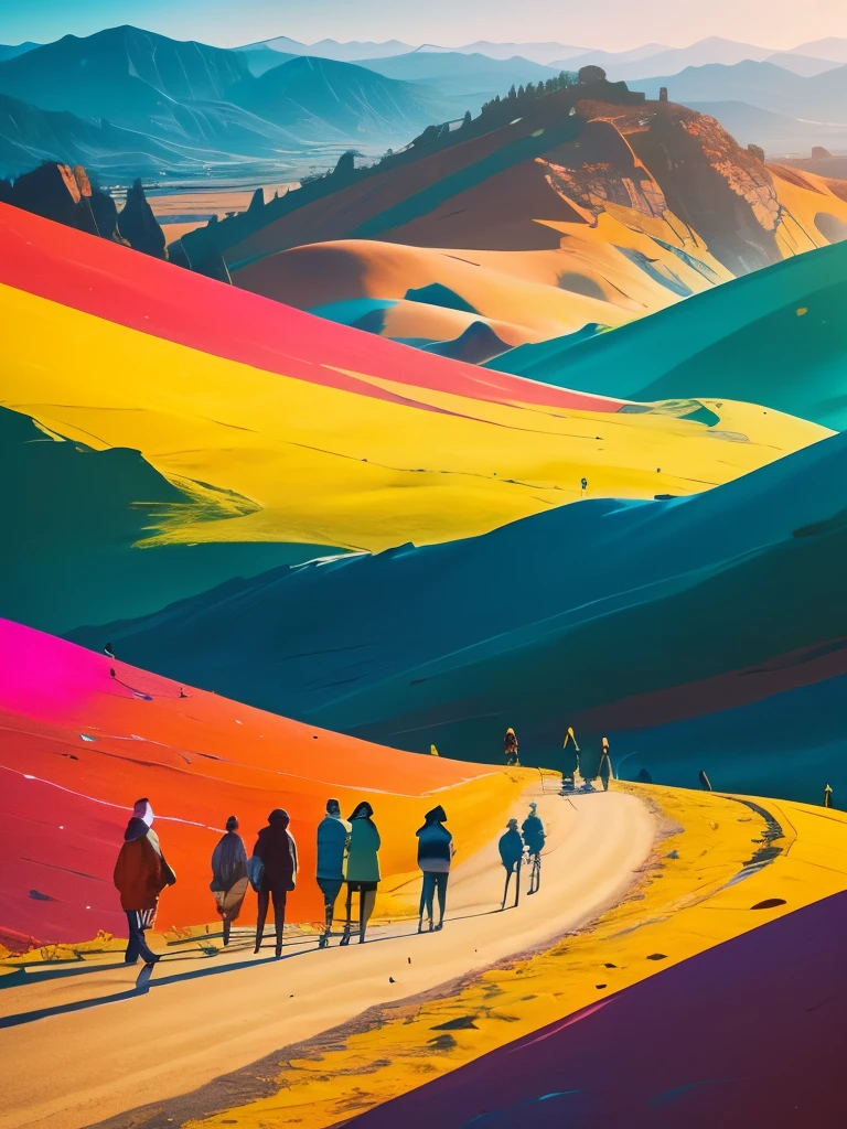 a group of people walking up a hill covered in colorful hills, incredible colors, amazing colours, amazing colors, extraordinary colorful landscape, breathtaking colors, highly colorful, cant believe it is real, beautiful and colorful, stunning colors, outworldly colours, beautifully painted, /r/earthporn, vibrant but muted colors, multicolored glints, extremely colorful