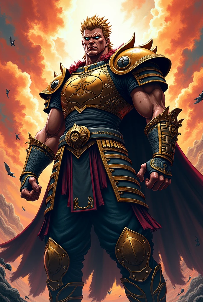 Create an image of a fierce warrior depicted in Jojo anime style. The warrior should have a determined expression, with sharp, intense eyes and a strong, confident pose. Outfit the warrior in detailed, traditional armor, including a flowing cape and ornate, battle-worn details. The color palette should feature bold, vibrant colors with high contrast, and the background can include dramatic action lines or effects to emphasize the warrior's energy and strength.
