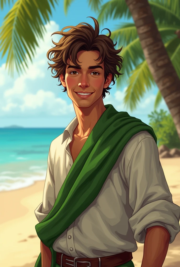 young hispanic boy, early 20’s, brown messy hair, white medieval shirt, green shawl, playful face, brown eyes, and in a tropical beach.