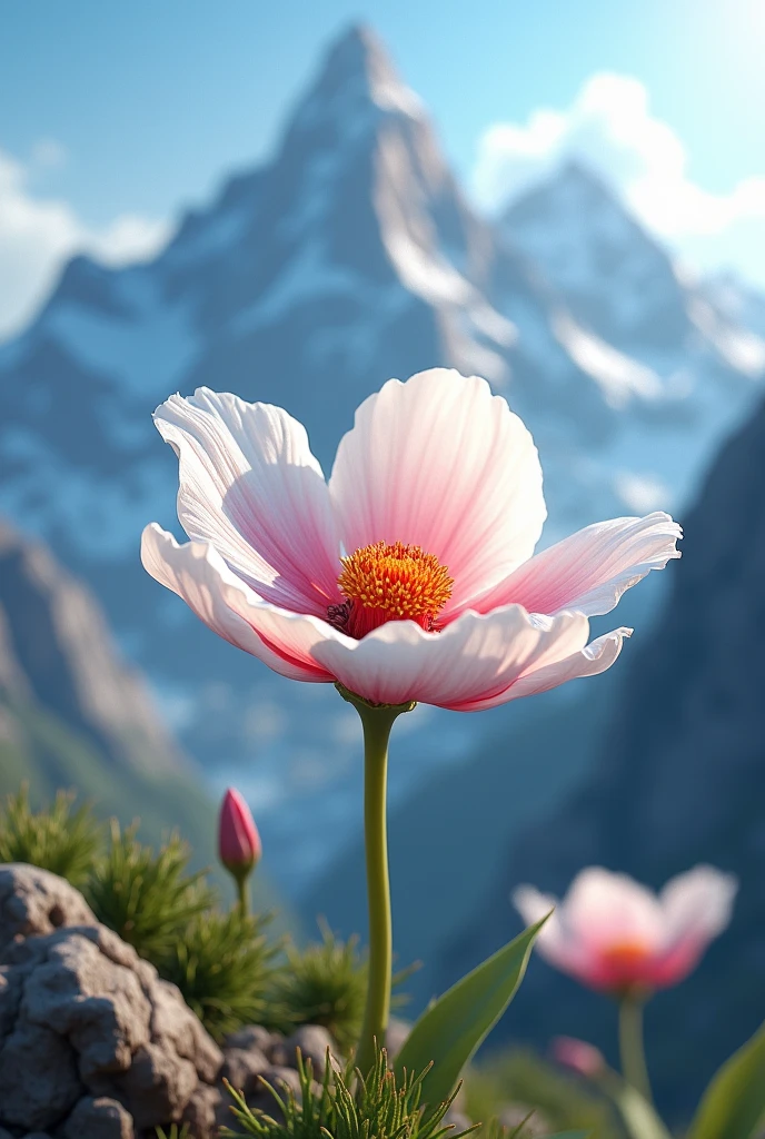 White flower with pink center and orange edges on a mountain