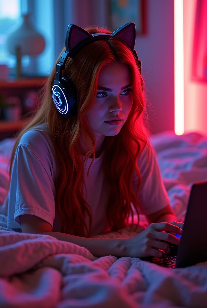 ((A close-up, intimate photograph of selena Gomez)) sitting at the end of a bed, deeply engrossed in playing video games at night. The scene is lit by soft, ambient neon lighting, casting a colorful glow across her face and creating a cozy, atmospheric vibe. The lighting includes a mix of warm pink and cool blue tones, reflecting off her skin and giving the image a modern, slightly futuristic feel.
Sadie’s long ginger hair cascades over her shoulders in soft, natural waves, the vibrant red tones of her hair catching the neon light and adding a striking contrast to the darker surroundings. Her expression is focused and intent, with her eyes reflecting the glow of the game screen, capturing her immersion in the gaming experience.
She’s wearing a pair of gaming headphones with cute, playful kitten ears on top. The headphones are detailed, with soft, plush padding and a sleek design, adding a touch of whimsy to her look. The kitten ears might be illuminated by small, colored LED lights, adding to the overall neon aesthetic of the scene.
Sadie is casually dressed, in a comfortable oversized loose t-shirt, suitable for a relaxed night of gaming. The outfit is cozy and casual, reflecting the intimate, relaxed setting of the scene.
The bed she’s sitting on is softly lit, with rumpled blankets and pillows in the background, adding to the cozy, lived-in feel of the image. The surrounding room is dimly lit, with the neon lights providing most of the illumination, creating a dreamy, almost otherworldly atmosphere.
Her pose is gentle and poised,The lighting is soft and warm, casting a gentle glow on her hair and face, and creating a mesmerizing interplay of light and shadow
The ambiance of the image is serene, with the luxury loft apartment providing a perfect backdrop for Sadie’s presence. The golden light filtering through the large windows adds to the enchanting atmosphere, making the scene feel like a moment captured from a dream or a magical story.