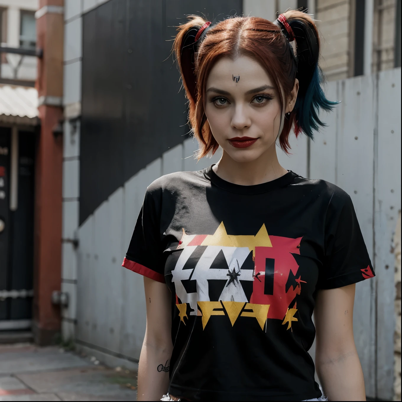 harley quinn, with black and red outfit, with Elsa, with def Leppard t-shirt