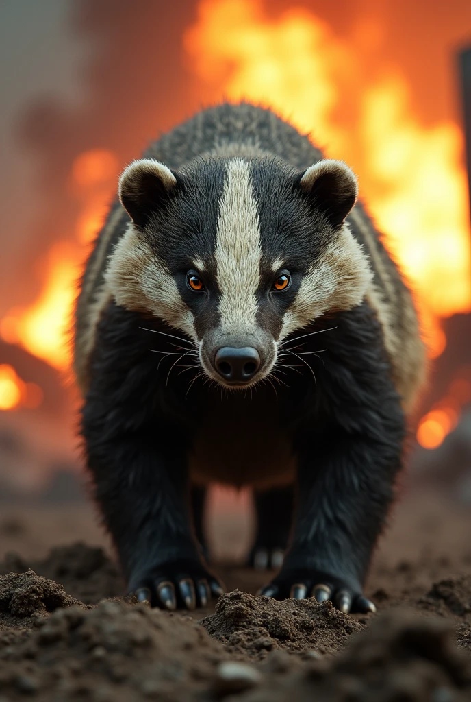 Last stand feral badger green black fur red eyes. Fire in background, focus on european badger, focused badger, bunker in background