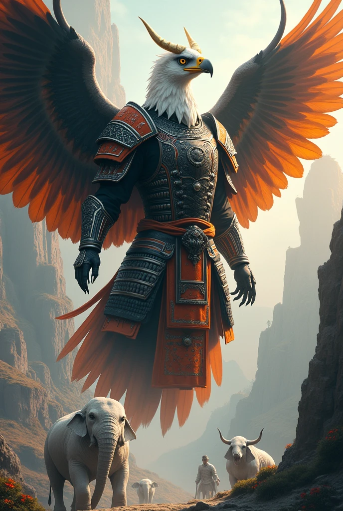 Eagle with black and orange samurai warrior armor, below the eagle a bull with an elephant, both of which are white