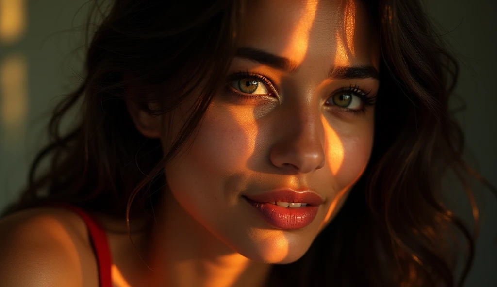 a beautiful mysterious Indian happy woman, intricate detailed face, piercing eyes, long eyelashes, delicate skin, natural beauty, flowing hair, candid elegant pose, dramatic lighting, cinematic mood, vibrant color palette, chiaroscuro lighting, high quality, photorealistic, 8k, intricate details, professional rendering