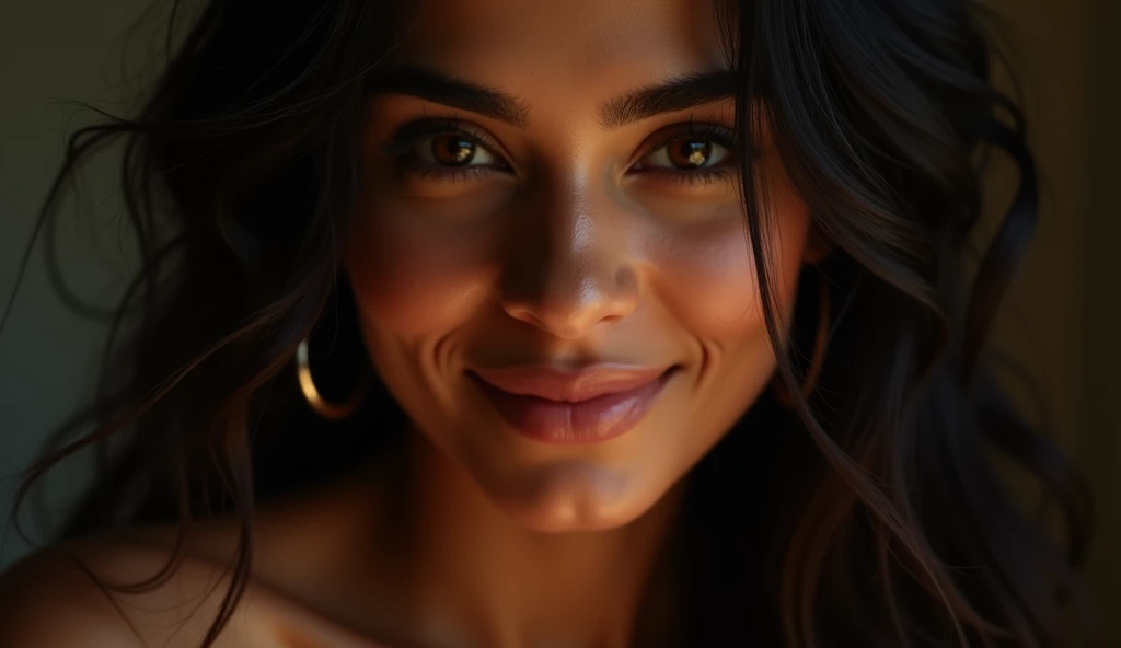 a beautiful mysterious Indian happy woman, intricate detailed face, piercing eyes, long eyelashes, delicate skin, natural beauty, flowing hair, candid elegant pose, dramatic lighting, cinematic mood, vibrant color palette, chiaroscuro lighting, high quality, photorealistic, 8k, intricate details, professional rendering