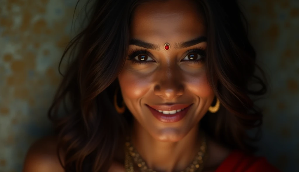 a beautiful mysterious Indian happy woman, intricate detailed face, piercing eyes, long eyelashes, delicate skin, natural beauty, flowing hair, candid elegant pose, dramatic lighting, cinematic mood, vibrant color palette, chiaroscuro lighting, high quality, photorealistic, 8k, intricate details, professional rendering