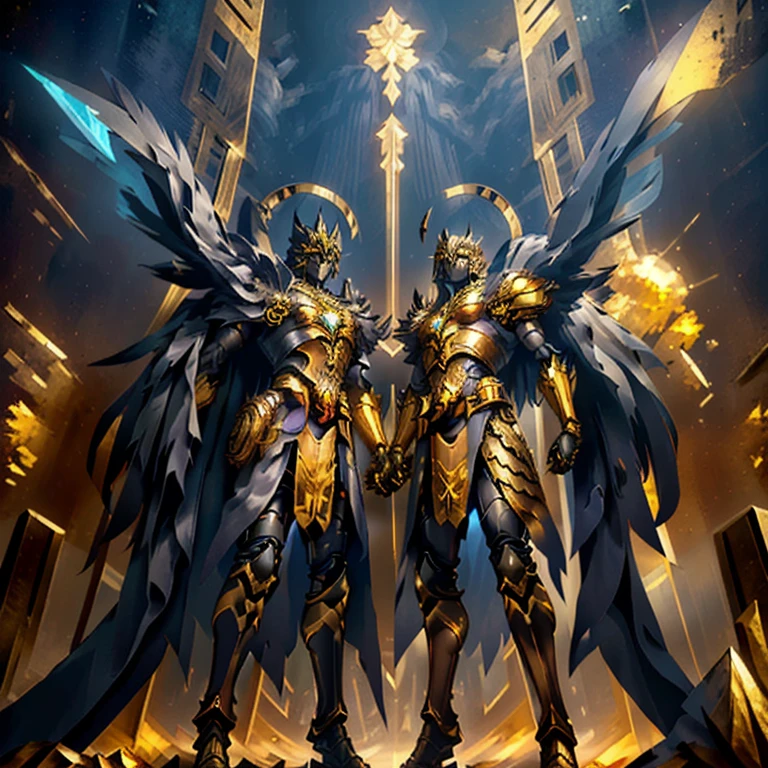 É um homem. The image presents a highly detailed and futuristic armor designed for a male warrior. The armor combines elements from different parts to create a cohesive and powerful look.
Helmet: The helmet features a sleek, aerodynamic design with a golden metallic finish. It has a central crest that rises upwards, and the visor glows with a bright blue light, giving it a high-tech, futuristic appearance.
Pauldrons (Shoulder Pads): The shoulder pads are large and wing-like, curving outward and upward, with a polished golden finish. These pads extend slightly beyond the shoulders and include a sleek, angular design, providing both a majestic and powerful look.
Chest Plate: The chest plate is intricately segmented, with a combination of gold and dark metallic blue. It has a gem-like crystal in the center that emits a soft, mystical glow. The design of the chest plate is both protective and regal, with sharp, angular lines that add to the overall futuristic aesthetic.
Arm Guards: The arm guards are sleek and streamlined, with articulated golden and purple segments that offer flexibility and protection. The design of the gauntlets is both robust and elegant, incorporating futuristic elements that blend with the classic style.
Leg Armor: The legs are armored with segmented plates that are primarily gold and purple. The boots are angular and sturdy, with a design that conveys both strength and agility. The overall look of the leg armor is grounded yet sleek, completing the ensemble with a powerful stance.
The background of the image is a dark cosmic scene, filled with distant stars and nebulae that highlight the polished surfaces of the armor. Dynamic lighting is used to emphasize the key features, particularly the glowing visor and central chest gem, reinforcing the mystical and imposing nature of the warrior.