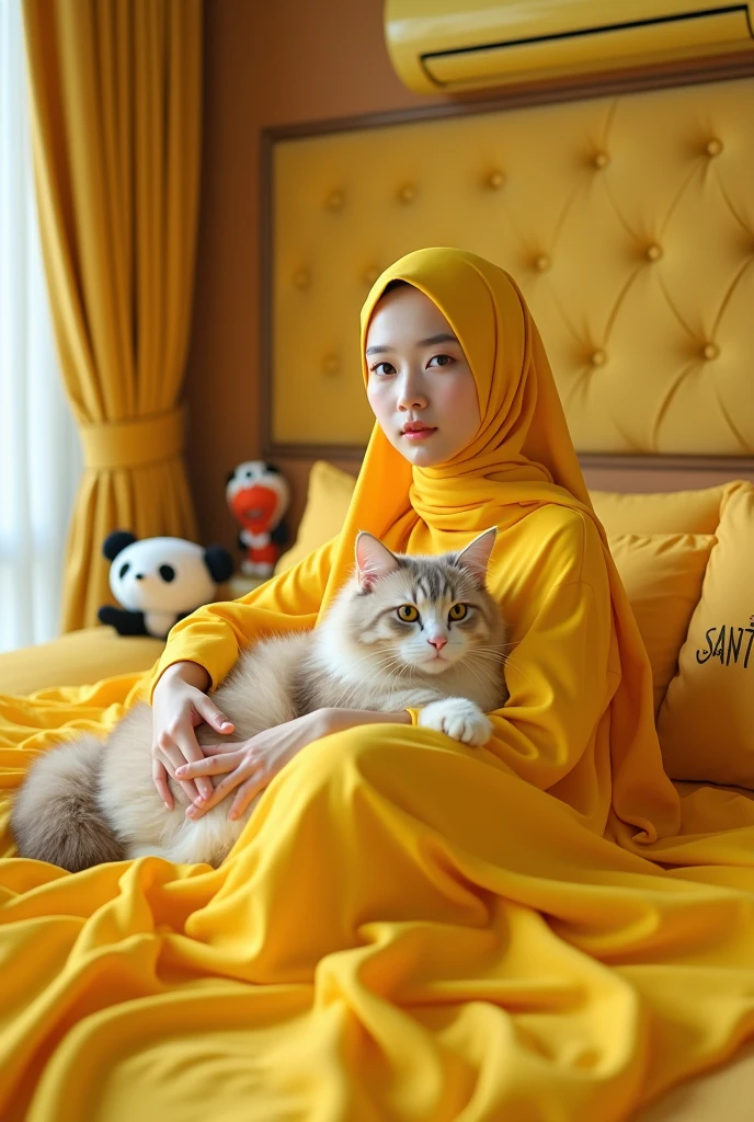 Beautiful Korean Women , smooth white skin, well-groomed face, hijab warna kuning, baju hudle rajut kuning , sitting pose.eyes looking at camera,smiled faintly, Hugging, kucing anggora berukuran besar,sitting cross-legged on the sofa is very luxurious, cargo pants,,.in the luxurious room Yellow color, Background, there are beautiful flower paintings and mustard colored orchids.