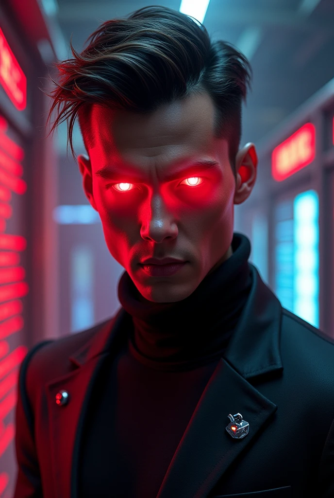 Make a man, with neon red eyes, hacker theme.