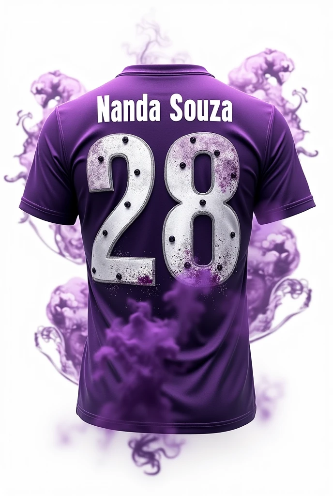 Back of the Shirt:
- Cor: White - Details: purple smoke, that can spread to the sides.
- Numbering: 28 Large, with nail marks. 
- Name Nanda Souza: Above the numbering, put the name in a font that complements the design, also in purple.