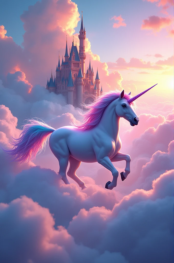 colorful unicorn in colorful sky, on top of the clouds, with a beautiful and colorful castle in the background.