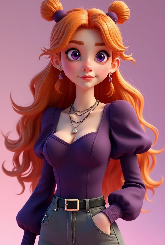 Vanessa is a very beautiful fifteen-year-old girl with snow-white skin, She has long, wavy, bright light orange hair that is usually styled half up with two strands falling down her beautiful face.,She has almond-shaped eyes, a light lilac purple color., her face is heart-shaped and she has a small nose and salmon pink lips, She wears a dark purple tight-fitting long-sleeved shirt with puffed arms and a square cut at the top of the chest but without being low-cut, in addition to wearing three necklaces., He is wearing smart grey trousers with a thin black leather belt and black ankle boots..((3D style)) ((Style Miraculous ladybug)).