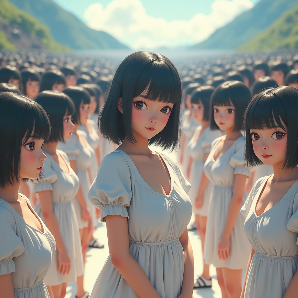 (((((Japanese Clone girls=Myself)))))), (((Best Super High quality Myself Clone girls Raw Photography Art))), (16K, Highest quality, Ultra-high resolution, RAW Photos), (((It's so unrealistic., With unparalleled depiction, With an unfathomable sight, An unprecedented and shocking worldview, Clone girls in a world of mass reproduction, Ultra-realistic))), (((Japanese, woman, 20yo, Saito-Asuka))), (Small face, ((Thick black hair, Semi-long hair))), ((V-neck short-sleeve dress)), (((((Very detailed美しい女体, Accurate body structure, Very detailed完璧な, Super busty body with very large breasts, Clearly emphasizes cleavage))))), (((Dark Eyes, Mature face, Cute Smile, A gentle gaze))), (((Her happy and smiling expression is so cute))), ((((((((Very detailed分身増殖描写, ((1girl→Myself cloning→1,000,000,000,000,000,000,000,000,000,000,000,000,000,000,000,000,000,000,000,000Myself Clone girls)))))))))), ((((((((Very detailed, The precise depiction of the proliferation of Myself Clone girls, ((With the perfectly identical bodies of Myself clone girls, With the exact same face as the Myself clone girls, With the exact same hairstyle as the Myself clone girls, In the exact same clothes as the girls who are my clones, Perfectly the same height as the Myself clone girls, Super big breasts, just like the Myself clone girls)))))))))), (((Myself clone girls only))), (((Multiple pairs, Very detailed depiction, (Myself clone girls hug each other, Myself clone girls assemble, Fun conversations with fellow Myself clone girls, A fun conversation between Myself clone girls, Myself clone girls holding hands, Walking with lots of Myself clone girls, turn around, look at me, The approaching crowd of Myself)))), (((Everyone looks at the camera))), (((Unbelievably crowded, Transcendent Myself clone girls intimately, Countless Myself clone girls surround you in 360 degrees))), (Bright, soft sunlight), (((Very wide field of view, Very detailed, Detailed ultra-perspective depiction with clear depth, super wide view))), (((((A place with a steeply curved slope))))), (((Very photographic and detailed depiction, Myself clone girls will multiply infinitely and fill the surroundings from one side to the horizon with their bodies tightly packed together without any gaps., A scene of endless Myself clone girls, giving a happy vibe.))), (Focus on the average value of the image)