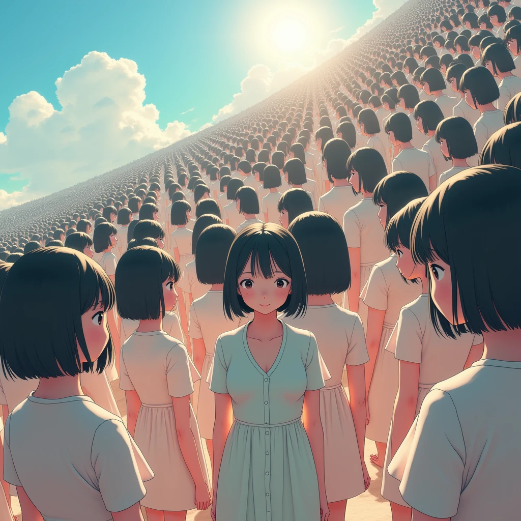(((((Japanese Clone girls=Myself)))))), (((Best Super High quality Myself Clone girls Raw Photography Art))), (16K, Highest quality, Ultra-high resolution, RAW Photos), (((It&#39;s so unrealistic., With unparalleled depiction, With an unfathomable sight, An unprecedented and shocking worldview, Clone girls in a world of mass reproduction, Ultra-realistic))), (((Japanese, woman, 20yo, Saito-Asuka))), (Small face, ((Thick black hair, Semi-long hair))), ((V-neck short-sleeve dress)), (((((Very detailed美しい女体, Accurate body structure, Very detailed完璧な, Super busty body with very large breasts, Clearly emphasizes cleavage))))), (((Dark Eyes, Mature face, Cute Smile, A gentle gaze))), (((Her happy and smiling expression is so cute))), ((((((((Very detailed分身増殖描写, ((1girl→Myself cloning→1,000,000,000,000,000,000,000,000,000,000,000,000,000,000,000,000,000,000,000,000Myself Clone girls)))))))))), ((((((((Very detailed, The precise depiction of the proliferation of Myself Clone girls, ((With the perfectly identical bodies of Myself clone girls, With the exact same face as the Myself clone girls, With the exact same hairstyle as the Myself clone girls, In the exact same clothes as the girls who are my clones, Perfectly the same height as the Myself clone girls, Super big breasts, just like the Myself clone girls)))))))))), (((Myself clone girls only))), (((Multiple pairs, Very detailed depiction, (Myself clone girls hug each other, Myself clone girls assemble, Fun conversations with fellow Myself clone girls, A fun conversation between Myself clone girls, Myself clone girls holding hands, Walking with lots of Myself clone girls, turn around, look at me, The approaching crowd of Myself)))), (((Everyone looks at the camera))), (((Unbelievably crowded, Transcendent Myself clone girls intimately, Countless Myself clone girls surround you in 360 degrees))), (Bright, soft sunlight), (((Very wide field of view, Very detailed, Detailed ultra-perspective depiction with clear depth, super wide view))), (((((A place with a steeply curved slope))))), (((Very photographic and detailed depiction, Myself clone girls will multiply infinitely and fill the surroundings from one side to the horizon with their bodies tightly packed together without any gaps., A scene of endless Myself clone girls, giving a happy vibe.))), (Focus on the average value of the image)