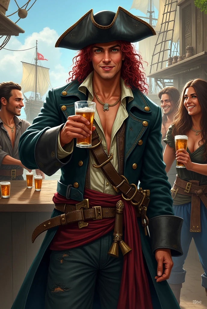 A young pirate, full body DnD style. A young pirate in his thirties, with long, curly dark red hair, he doesn&#39;t have a beard, and dark green eyes. He wears a dark pirate trench coat with a light unbuttoned shirt and a damaged vest., on his head an old damaged black leather hat. Around his waist he wears a sash with a belt and two pirate cutlasses on top.. He is having fun drinking with a cheerful look together with other young sailors in the pub while in the background there are various ships of a pirate port.