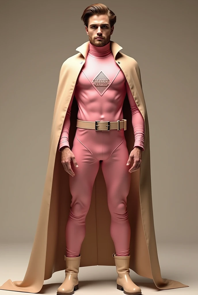 a man wearing a beige , beige cape, pink latex mini jumpsui"perfect reverse triangle" on chestt with hexagon pattern. Robert Pattinson, beige boots, male hero, concept art inspired by Daredevil Marvel character, best quality, 4k, 8k, highres, masterpiece:1.2, ultra-detailed, realistic, photorealistic, photo-realistic:1.37, HDR, UHD, studio lighting, ultra-fine painting, sharp focus, physically-based rendering, extreme detail description, professional, vivid colors, bokeh