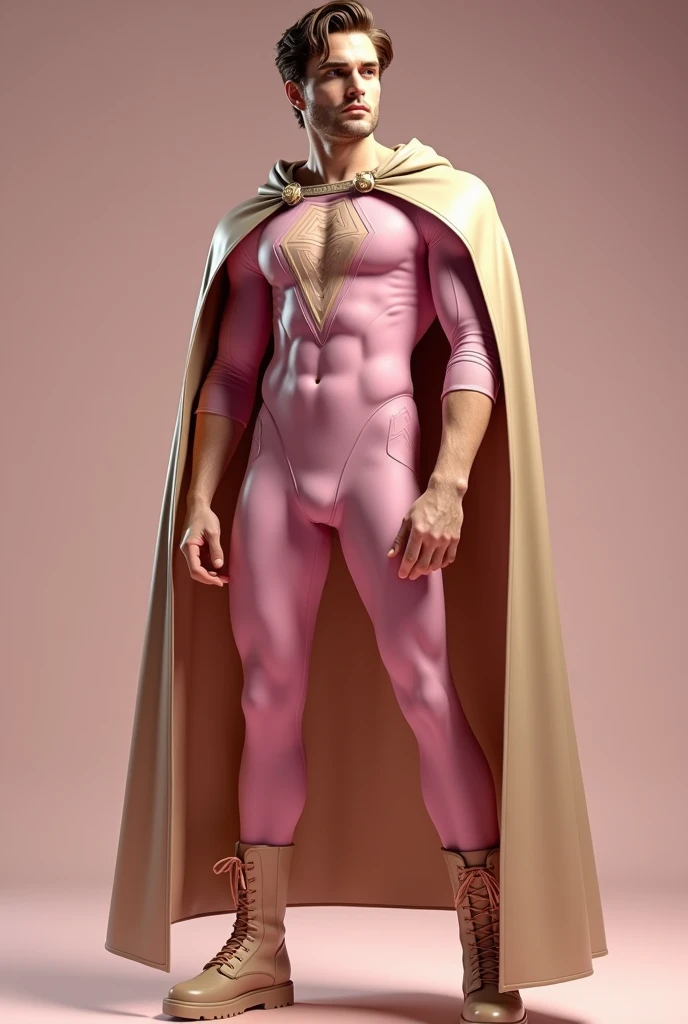 a man wearing a beige , beige cape, pink latex mini jumpsui"perfect reverse triangle" on chestt with hexagon pattern. Robert Pattinson, beige boots, male hero, concept art inspired by Daredevil Marvel character, best quality, 4k, 8k, highres, masterpiece:1.2, ultra-detailed, realistic, photorealistic, photo-realistic:1.37, HDR, UHD, studio lighting, ultra-fine painting, sharp focus, physically-based rendering, extreme detail description, professional, vivid colors, bokeh