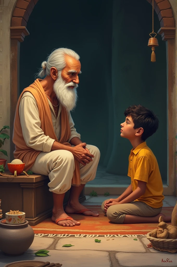There is a boy in the class who is talking to a sadhu. He is also drinking with the teacher.
