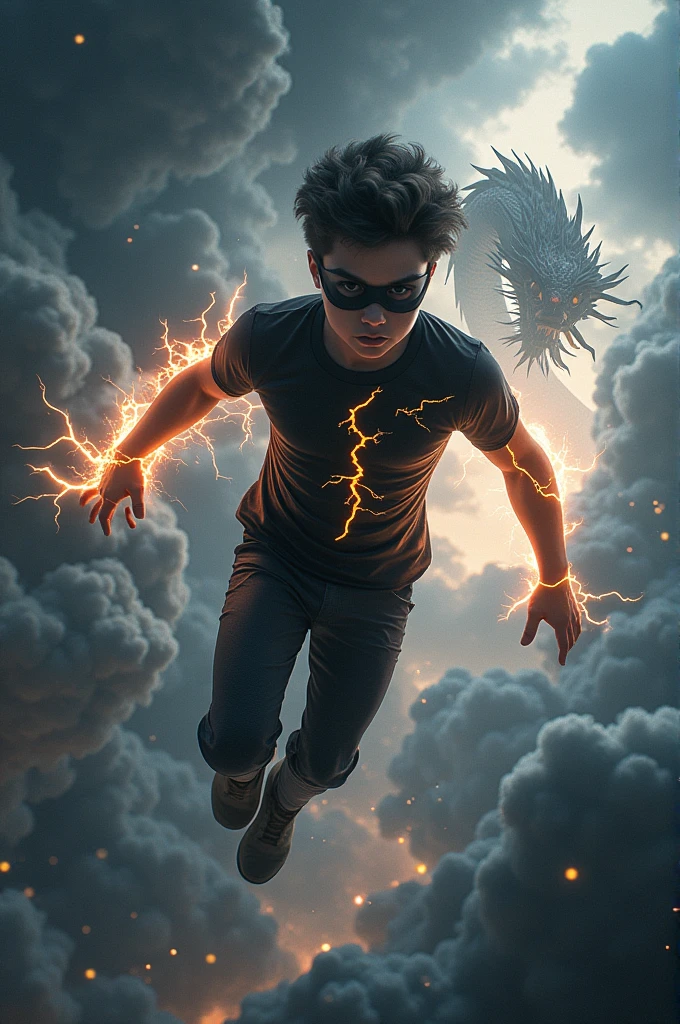 Creat ultra realistic picture where a teen boy flying with thunder power and with a black thunder shirt and a face mask also with a Chinese dragon the background feature is black thunder cloud