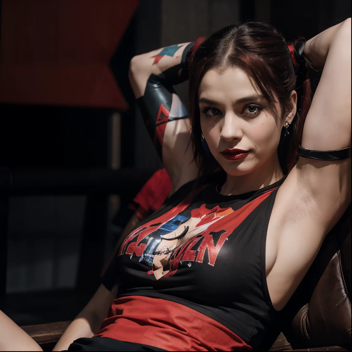 harley quinn, with black and red outfit, with Elsa, with def Leppard t-shirt