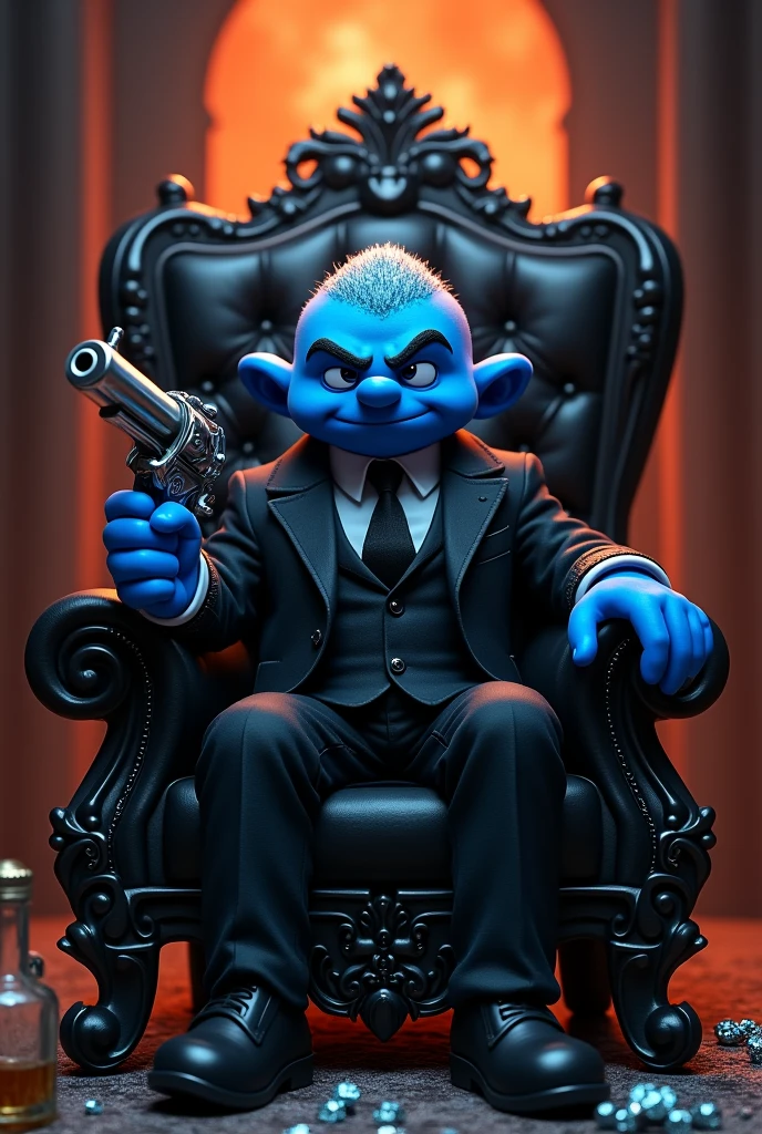Smurf, gangster, black throne, jewelry, weapon, air, diamonds, WATCHES, fire behind, glass of whiskey, low light environment, mafia godfather