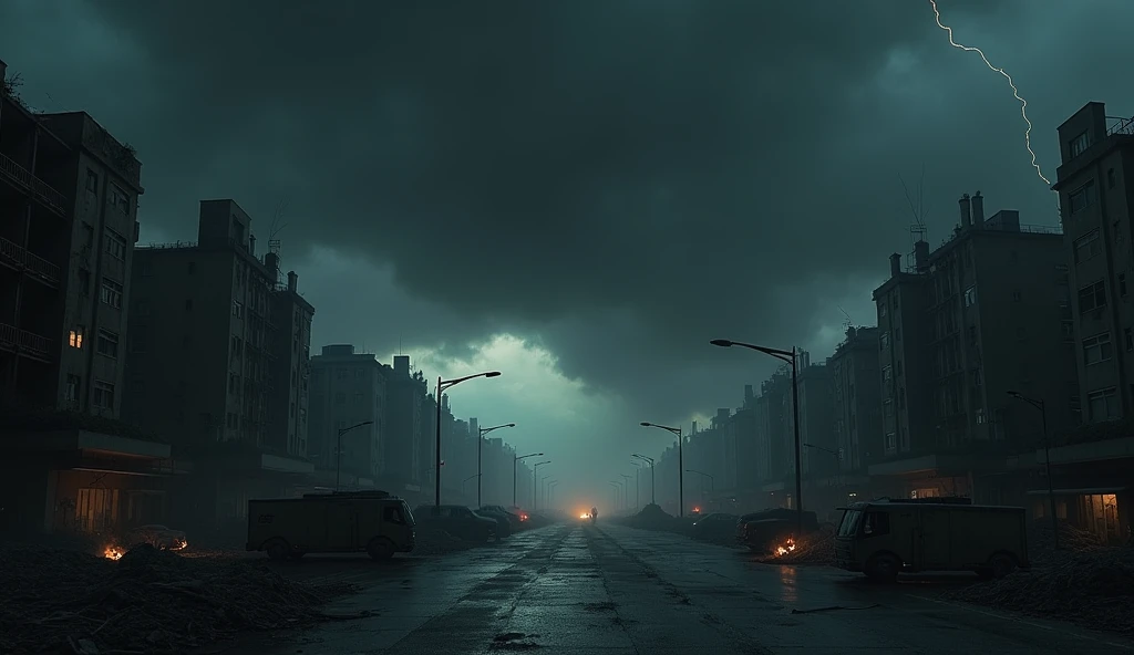 Create an ultra-realistic image of an apocalypse known as &#39;Three Days of Darkness&#39;. The setting should portray a dense and oppressive atmosphere, with a sky completely covered by thick, dark clouds, blocking any light. Streets and buildings are plunged into complete darkness, with only the glow of scattered fires and occasional flashes of lightning partially illuminating the scene. The urban environment is devastated, with damaged and abandoned buildings, destroyed vehicles and scattered debris. The effect should convey a deep sense of desolation and fear., with a dark and contrasting color palette that amplifies the feeling of a world in absolute collapse."