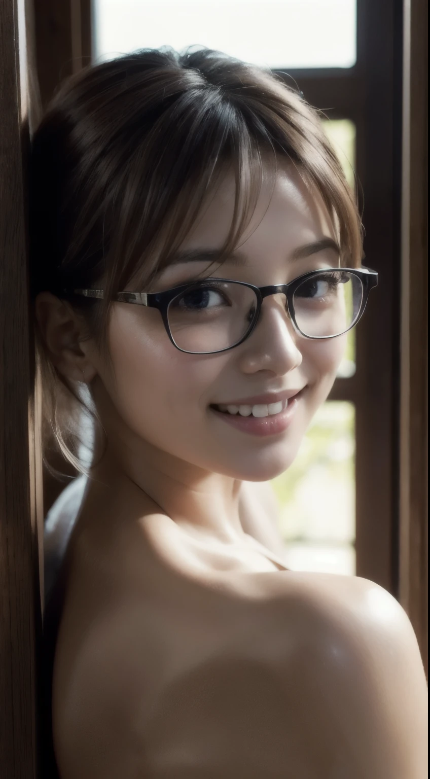 8k, Highest quality, masterpiece, Realistic, Super detailed, photo Realistic, hyper Realistic, Smoother lighting, Improving the lighting quality of movies, Realistic lighting, Backlight, Bright light, Improvement of quality, Highest quality real texture skin,Glasses, thin, cute顔, smile, Beautiful details in the eyes, 1 Japanese, cute, Brown short hair,Completely naked