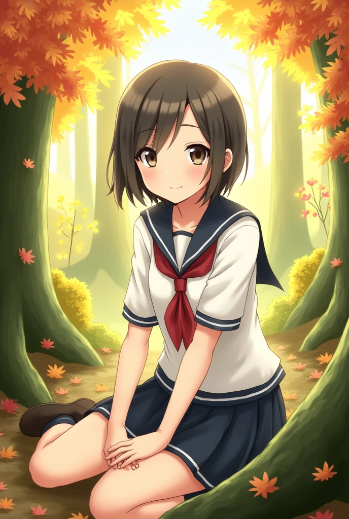 Create a wallpaper of a girl sitting in a forest with short black hair in the fall wearing a schoolgirl dress, looking at the camera anime version
