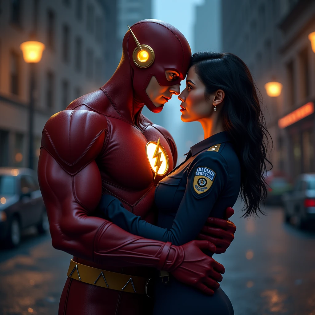 Make a photo in which The flash is holding a police girl in his arms and is flirting with her and the police girl is looking at the flash