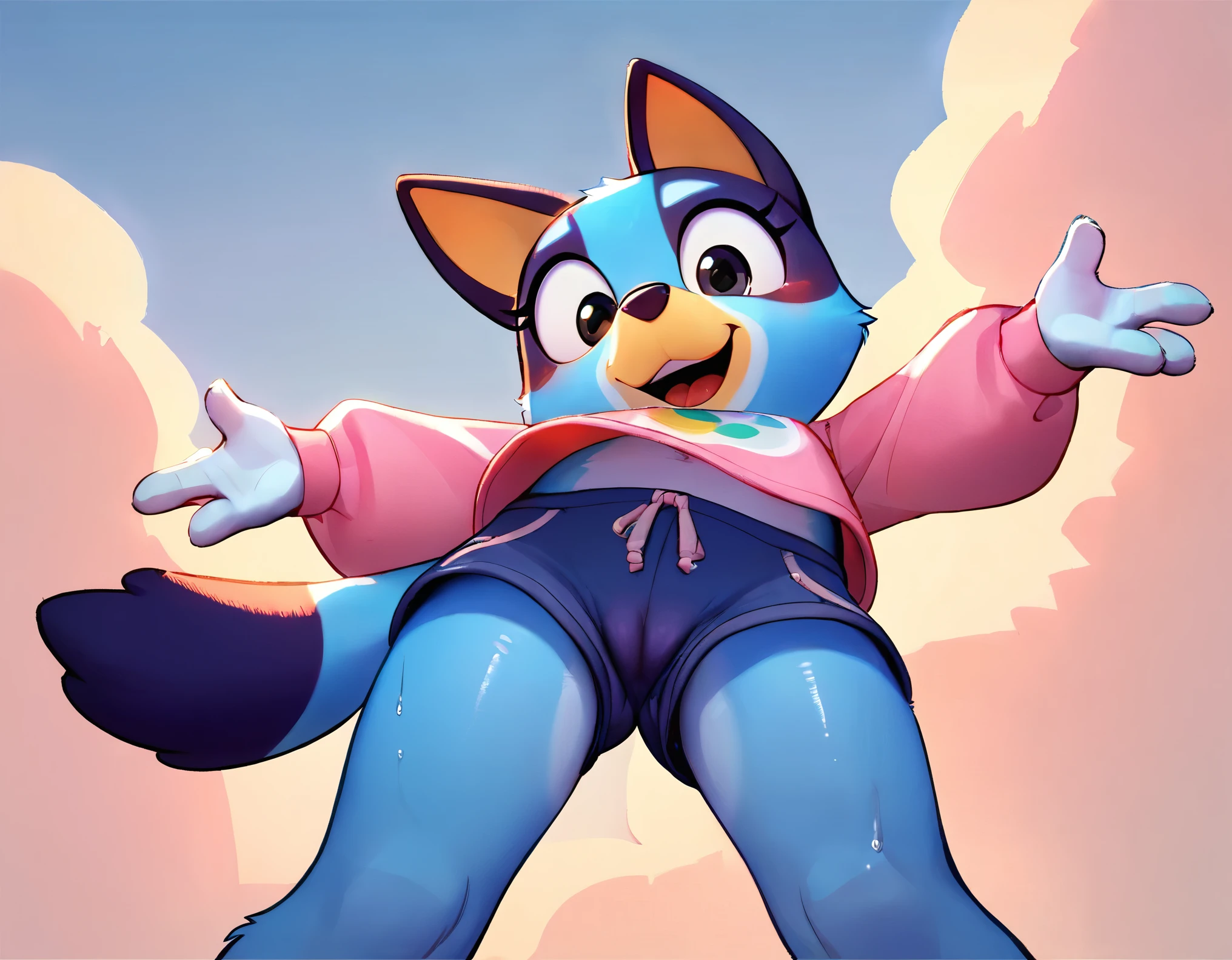 score_9, score_8_up, score_8, 1girl, source_cartoon, source_furry, blueyxl, bluey heeler, (boxchibi:0.2), cub,  girl, cowboy shot, low-angle shot, anthro, furry, tail, blue body, animal ears, wet fur, flat shaded background, sky, day, cloud, blue sky, excited expression, childlike joy, whimsical, mischievous, feminine, female, slender figure, slim body, ****con body, detailed fur texture, cute outfit, blue shorts, pink shirt, long sleeve, camel toe, leaning forwards, sassy pose, exaggerated pose, looking at viewer, 