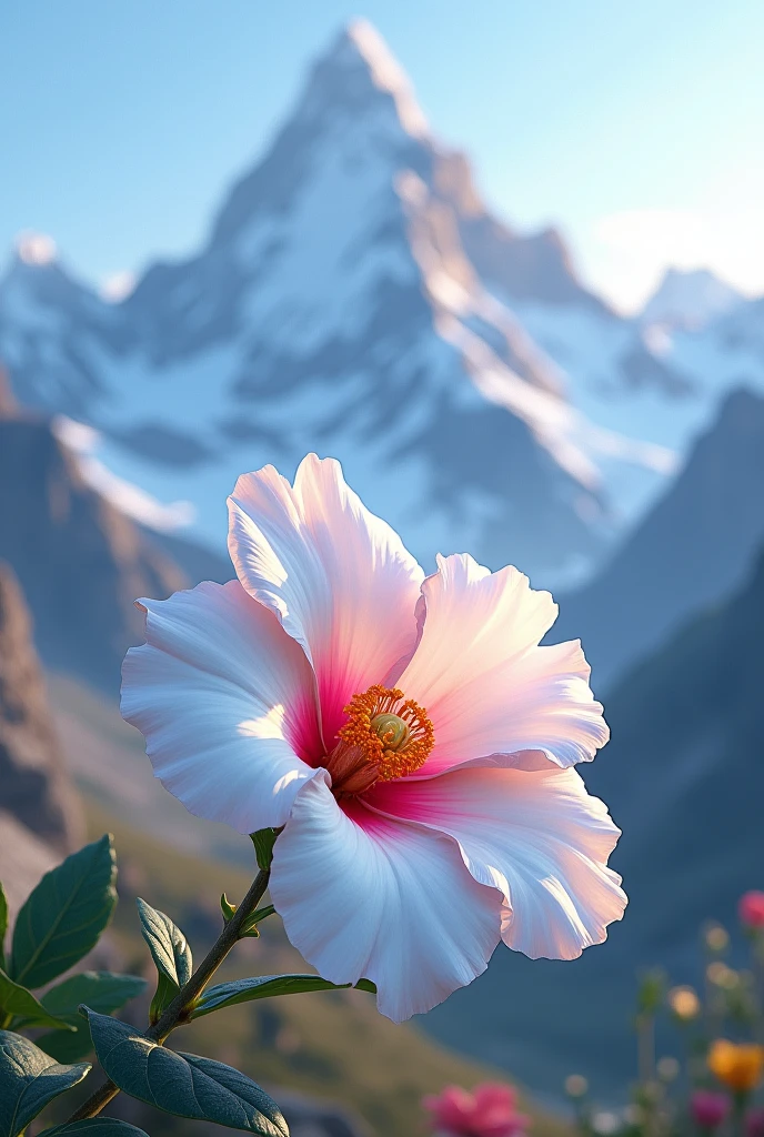 White flower with pink center and orange edges on a mountain